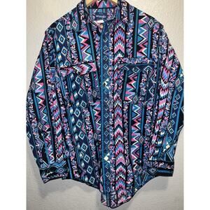 Wrangler Mens 16 - 16.5 Cowboy Cut Western Shirt Large Tails Aztec 90’s